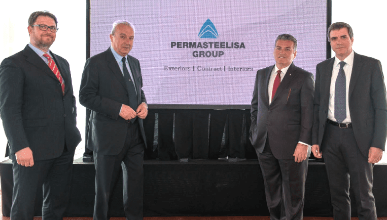 PHOTO: Massimiliano Fanzaga – Head of Communication Antonio Savini Nicci – SEMEA Hub Leader Konstantinos Tsouvelekakis – Permasteelisa Group Official Agent Alessandro Barioli – Interiors Business Unit Leader