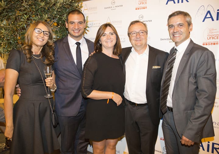 At Thursday's fundraiser (L-R): Kashka Kornelak, Riviera International; Vincent Tricard, Fondation UNICE; Valerie Hizebry, Fondation UNICE; Professor Charles- Hugo Marquette , University Hospital of Nice and Projet Air; Jean- Christophe Boisse, Fondation UNICE. Photo Credit: Atelier Mike.