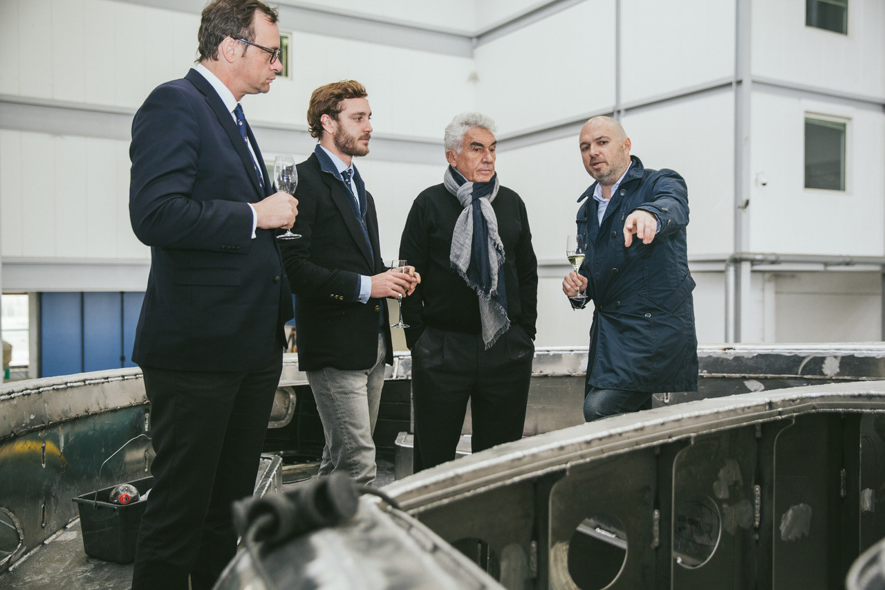 Pierre Casiraghi, Vice-President of the Yacht Club de Monaco, with Bernard d’Alessandri, YCM Secretary General, at Dynamiq's Viareggio shipyard