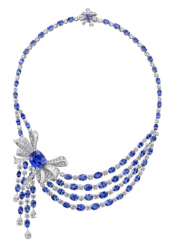 Photo: Graff sapphire and diamond Bow necklace featuring a 21.61 carats cushion shape sapphire (Sapphires 89.12cts, Diamonds 31.69cts)