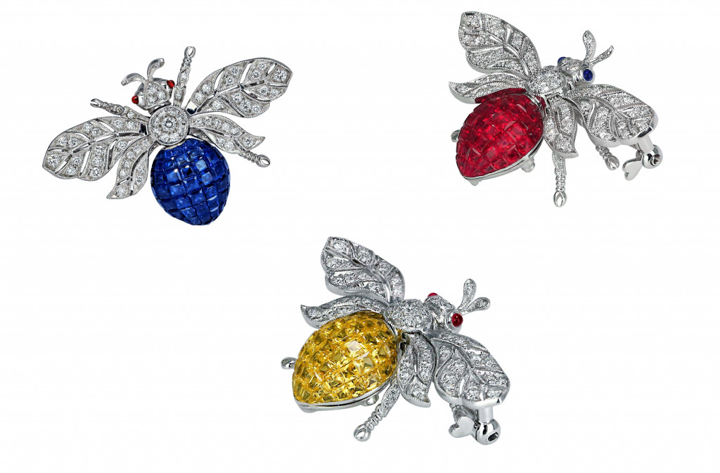 Jacob & Co Abielle Bee Brooch in 18K White Gold with rubies (7.69ct) and diamonds (0.66ct). Jacob & Co Abielle Bee Brooch in 18K White Gold with yellow sapphires (5.20ct) and diamonds (0.60ct). Jacob & Co Abielle Bee Brooch in 18K White Gold with blue sapphires (7.72ct) and diamonds (0.62ct)