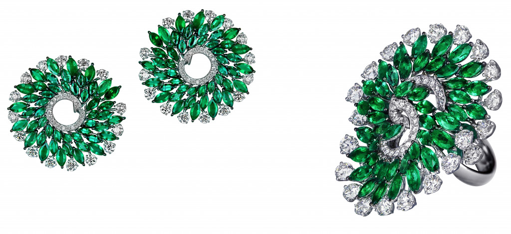 Jacob & Co Infinia earrings in 18K white gold set with marquise shape emeralds (10.00ct) and round shape colorless diamonds (6.97ct). Jacob & Co Infinia ring in 18K white gold set with marquise shape emeralds (8.54ct) and round shape colorless diamonds (5.69ct)