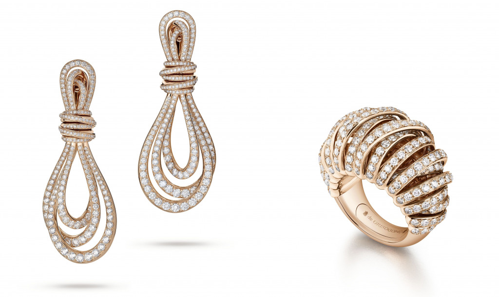Allegra Classic Earrings in 18K pink gold set with 446 colorless diamonds (8.60 Ct). Allegra Classic Ring in 18K pink gold set with 210 colorless diamonds (5.44 Ct)