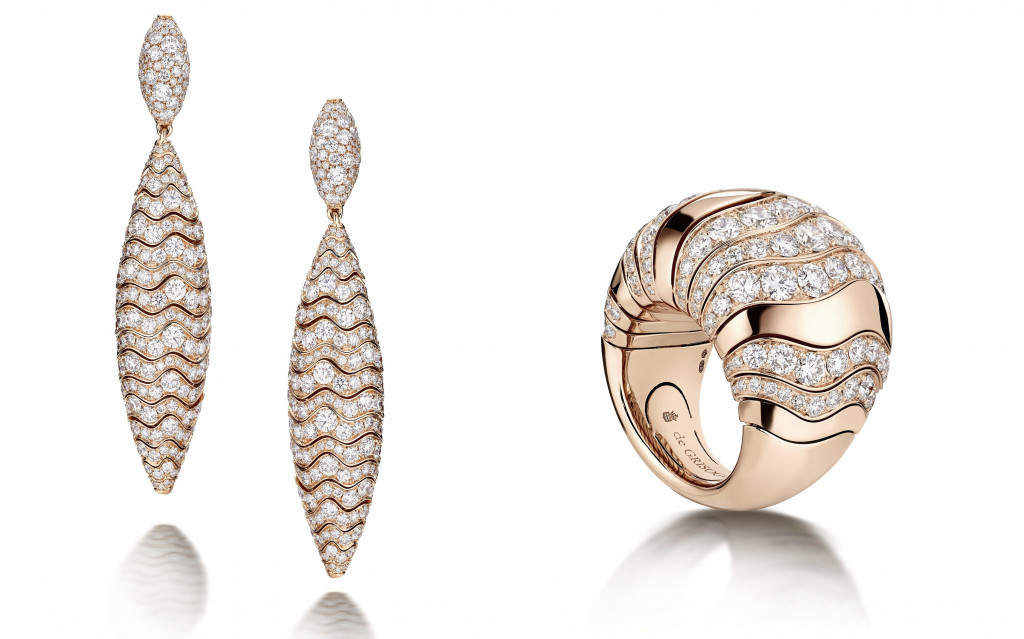 De Grisogono Millefoglie Earrings in 18K pink gold set with 480 colorless diamonds (12.50 Ct). De Grisogono Millefoglie Ring in 18K pink gold set with 131 white diamonds (4.50 Ct)