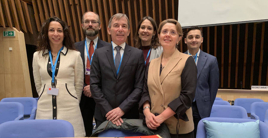 From left to right: Kristel Malgherini, Technical Advisor, Department of Social Affairs and Health; Dr. Hervé Raps, Associate Doctor in the Department of Medical Biology of the Scientific Center of Monaco; Didier Gamerdinger, Government Counselor-Minister of Social Affairs and Health; Laure Chevallier, Administrator at the Direction of the Environment; Carole Lanteri, Ambassador, Permanent Representative of Monaco to the World Health Organization; Maxime Trapani, Permanent Mission in Geneva. Pic: C.Black WHO.